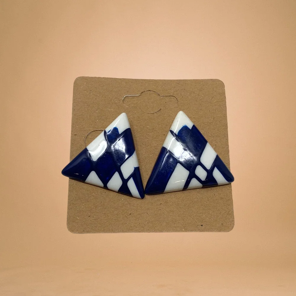 Vintage 1980's Earrings Geometric Triangles Blue & White Pierced Carded New Wave